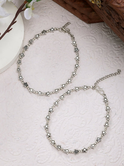 NVR Women's Set of 2 Silver-Plated Star Design Anklets