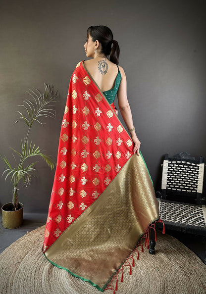 Joban Fashion Red Elephant Motif Soft Silk Banarasi silk Saree