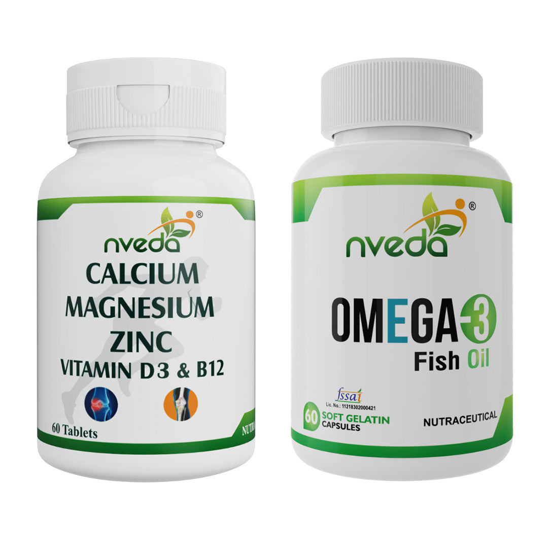 Nveda Combo Pack of Omega 3 Fish Oil & Calcium, Magnesium, Zinc, Vit D & B12 Tablets