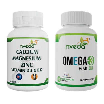 Nveda Combo Pack of Omega 3 Fish Oil & Calcium, Magnesium, Zinc, Vit D & B12 Tablets
