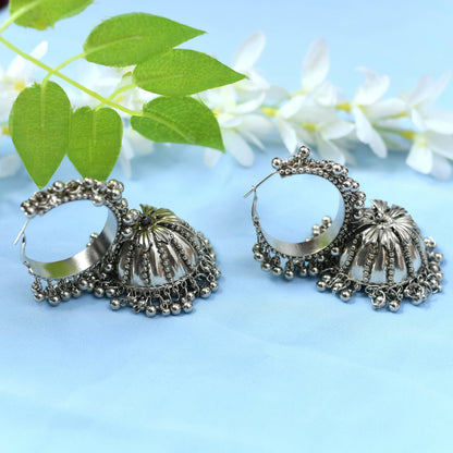 Mominos Fashion Johar Kamal Oxidised Silver-Plated Brass Finish Ghungroo Necklace with Earrings For Women