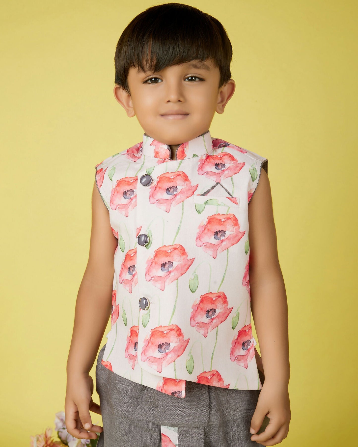 Joban Fashion Kids Island Cotton Sleeveless printed Kurta and Solid Dhoti - Grey