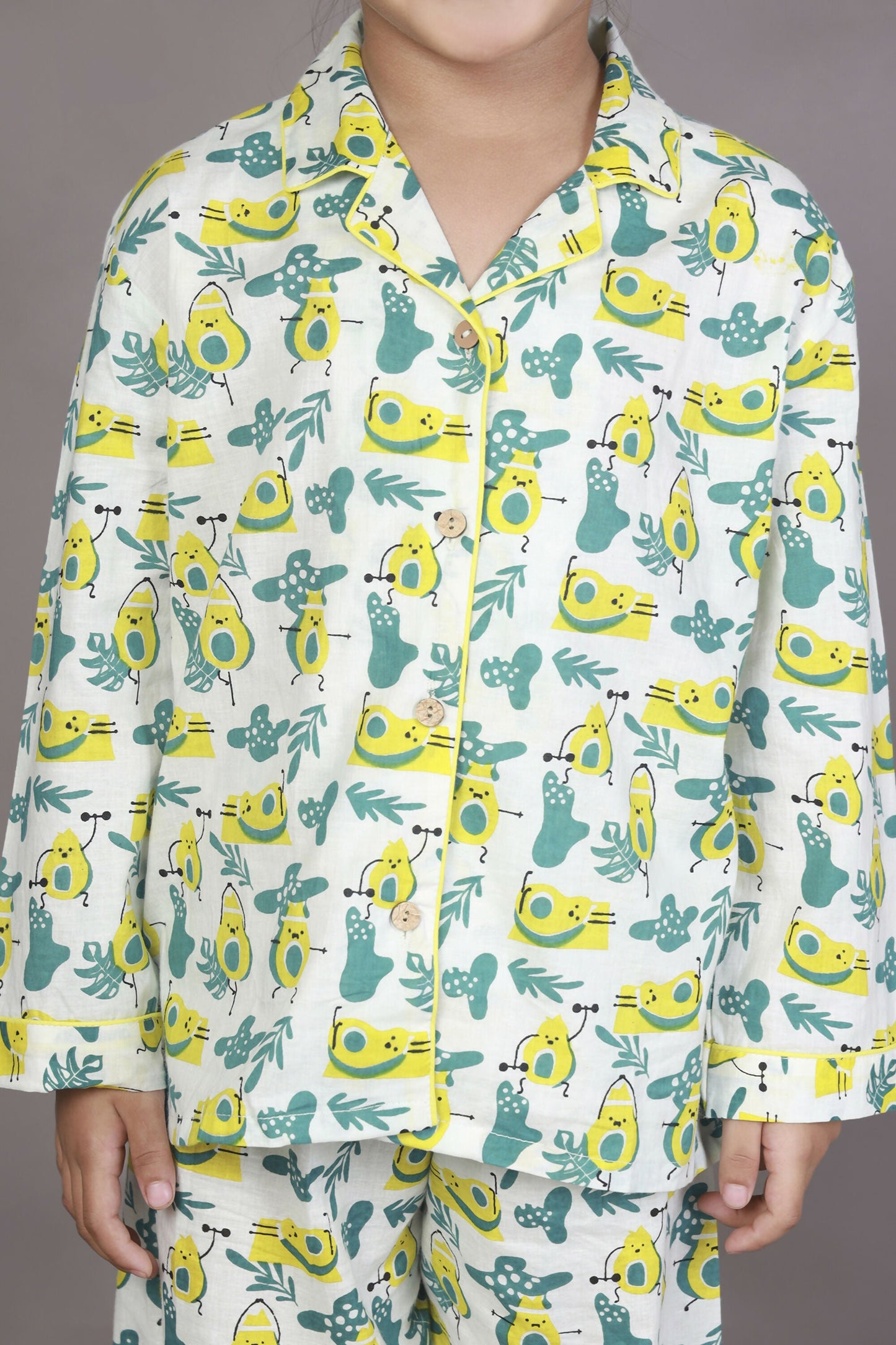 Breathables Kids Cotton Night Suit – White Avocado Print Shirt & Pyjama Co-Ord Set For Boys & Girls