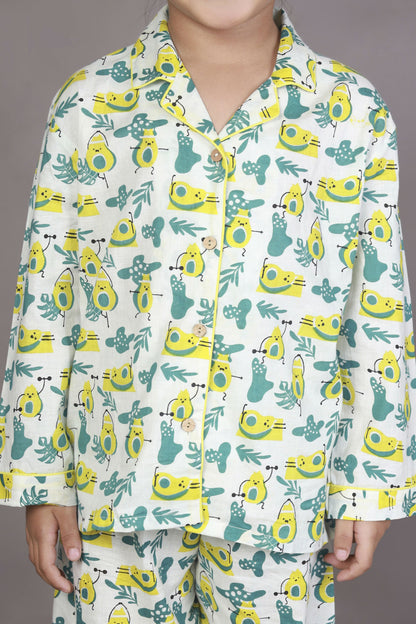 Breathables Kids Cotton Night Suit – White Avocado Print Shirt & Pyjama Co-Ord Set For Boys & Girls