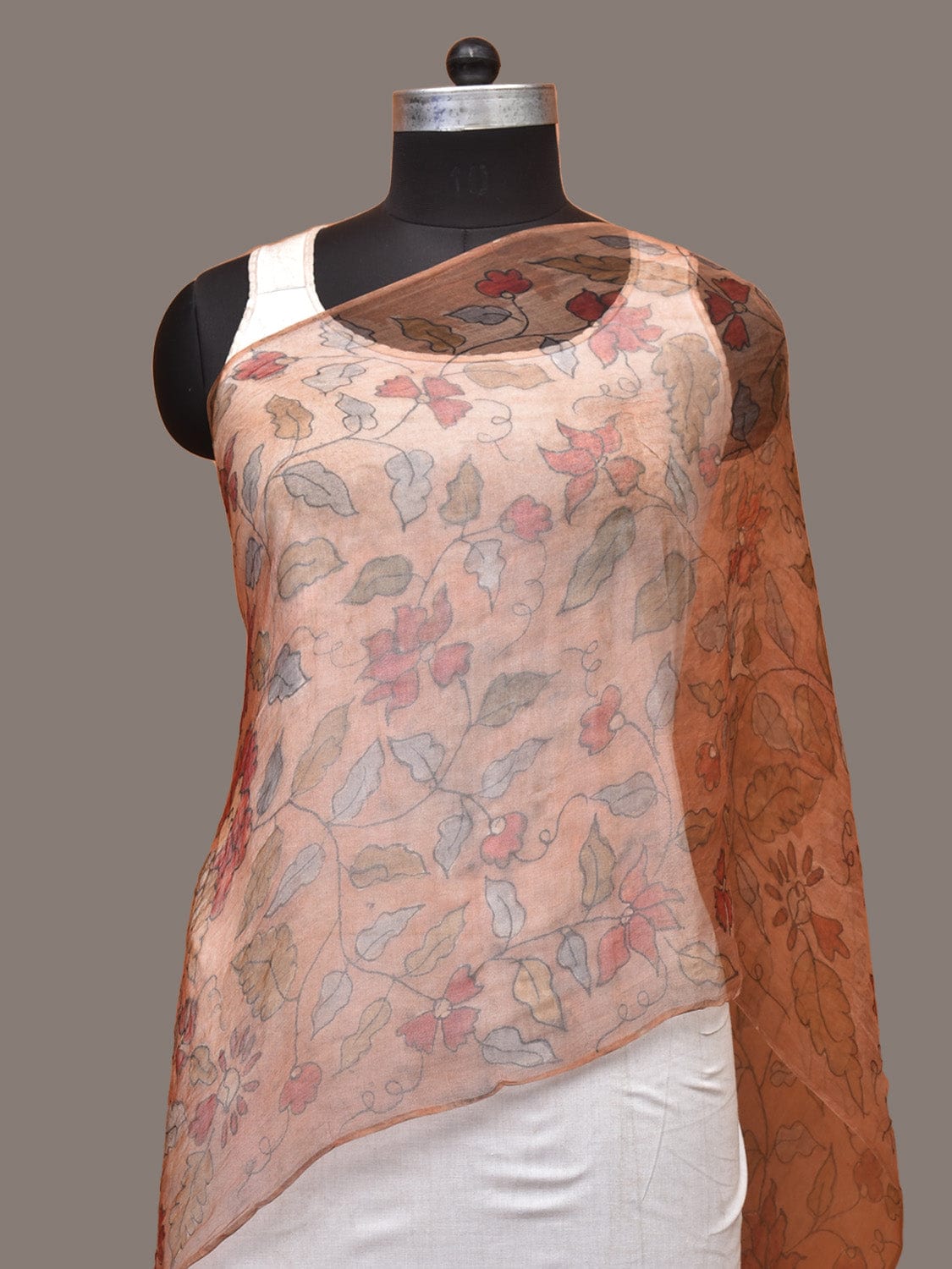 Orange Kalamkari Hand Painted Organza Stole with Floral Design - Global Threads