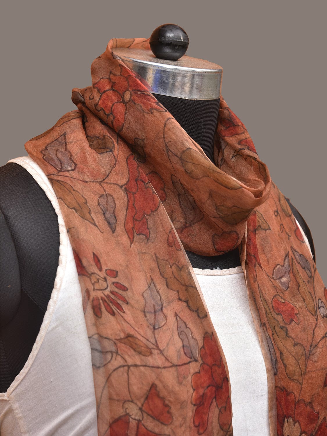 Orange Kalamkari Hand Painted Organza Stole with Floral Design - Global Threads