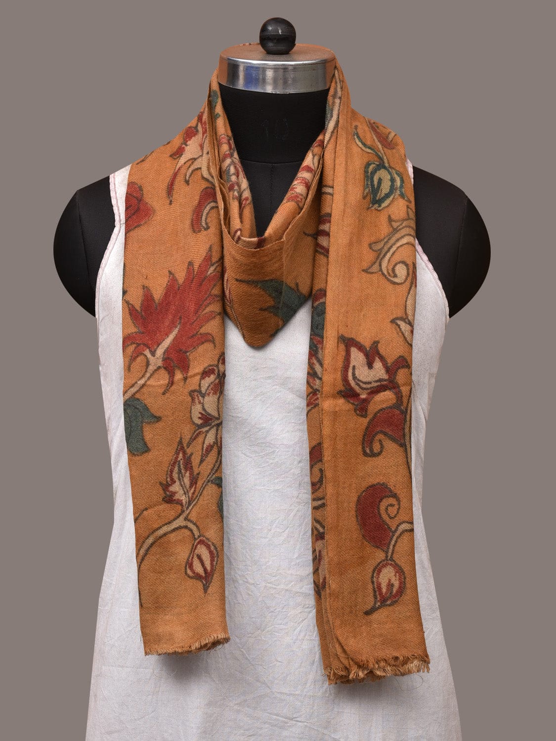 Orange Kalamkari Hand Painted Woolen Handloom Stole with Floral Design - Global Threads