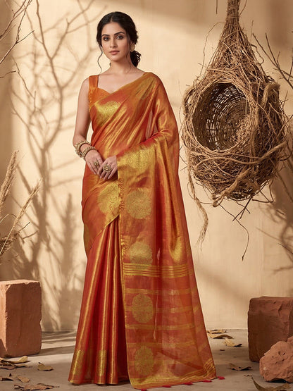 Anaita Orange Tissue Silk Woven Saree With Blouse
