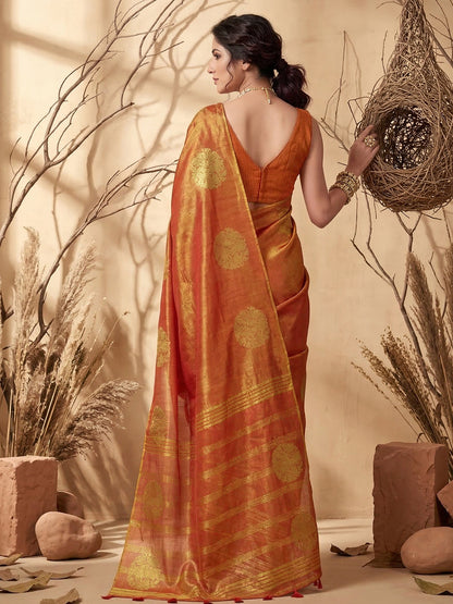 Anaita Orange Tissue Silk Woven Saree With Blouse