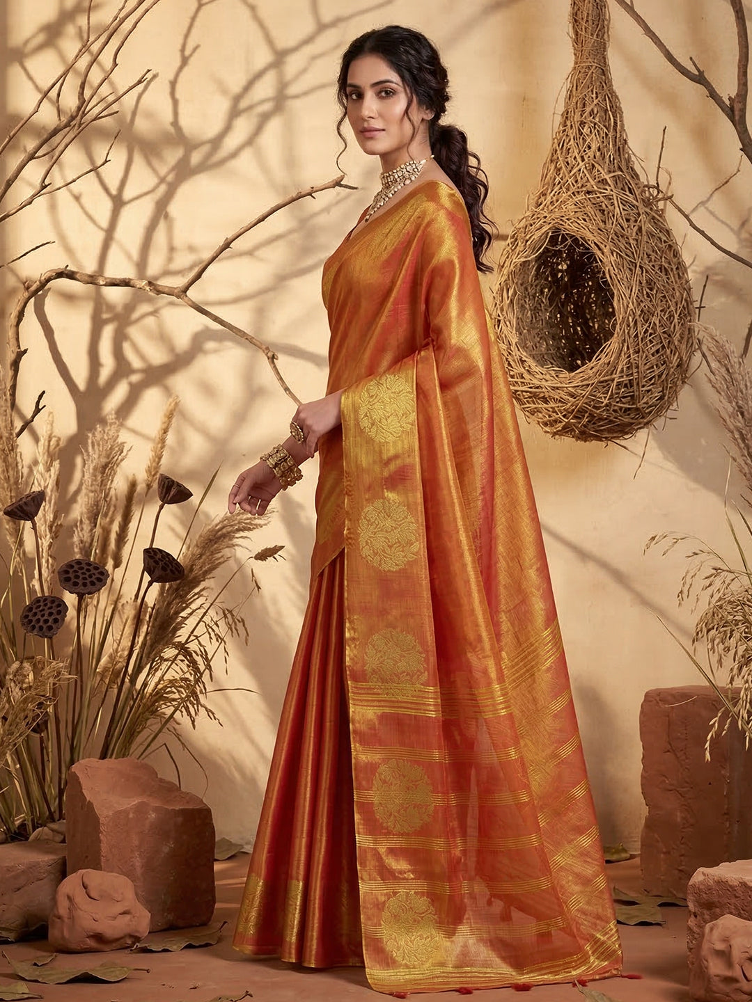 Anaita Orange Tissue Silk Woven Saree With Blouse