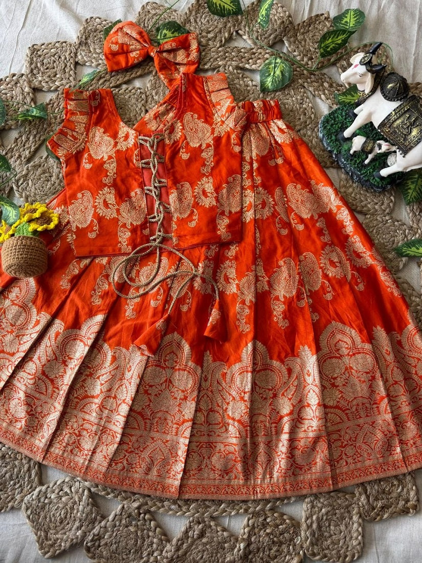 Evanik Orange Banarasi Silk Kids Lehenga Choli Set with Zari Jacquard Work for Girls