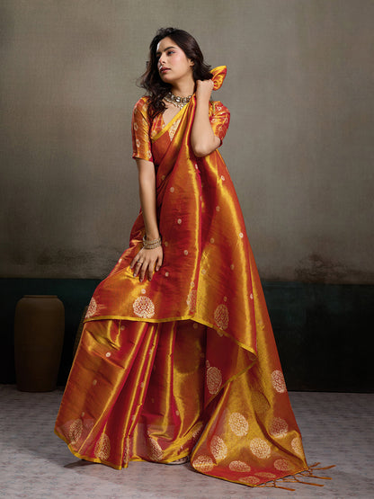 Anaita Orange Tissue Silk Woven Saree With Blouse