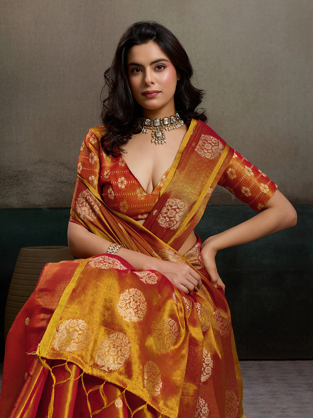 Anaita Orange Tissue Silk Woven Saree With Blouse