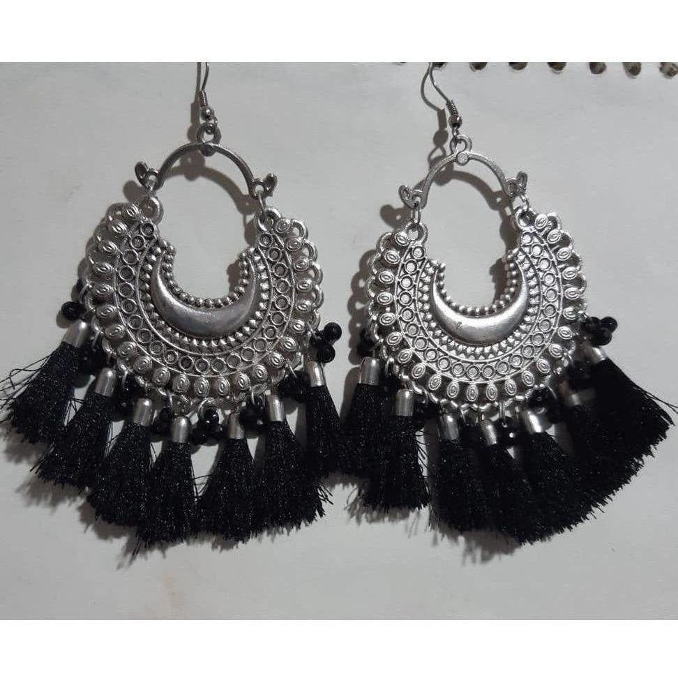 MS Fashion India Oxidized Silver Afghani Black Color Silk Thread Chandbali Earrings With Tassels