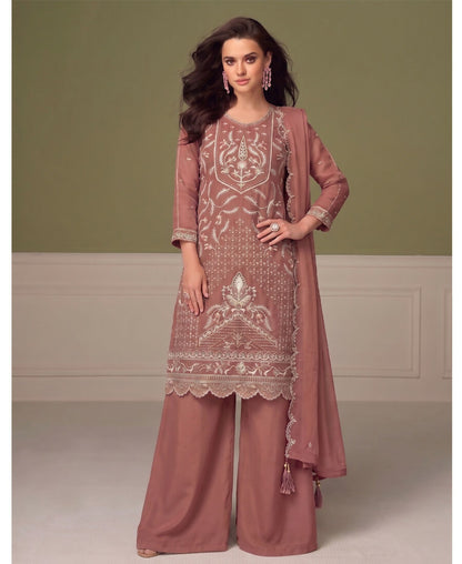 KC Beautiful Peach Chiffon Silk Hand Embroidery Suit For Women