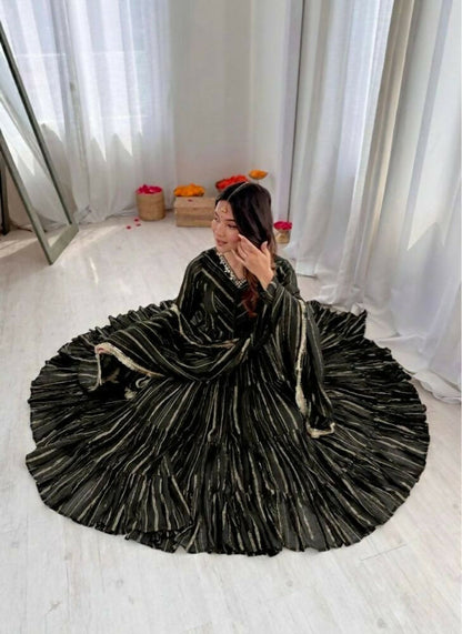 Teeya Creation Black Color Mal Chanderi Silk Hand Embroidery Work Long Gown