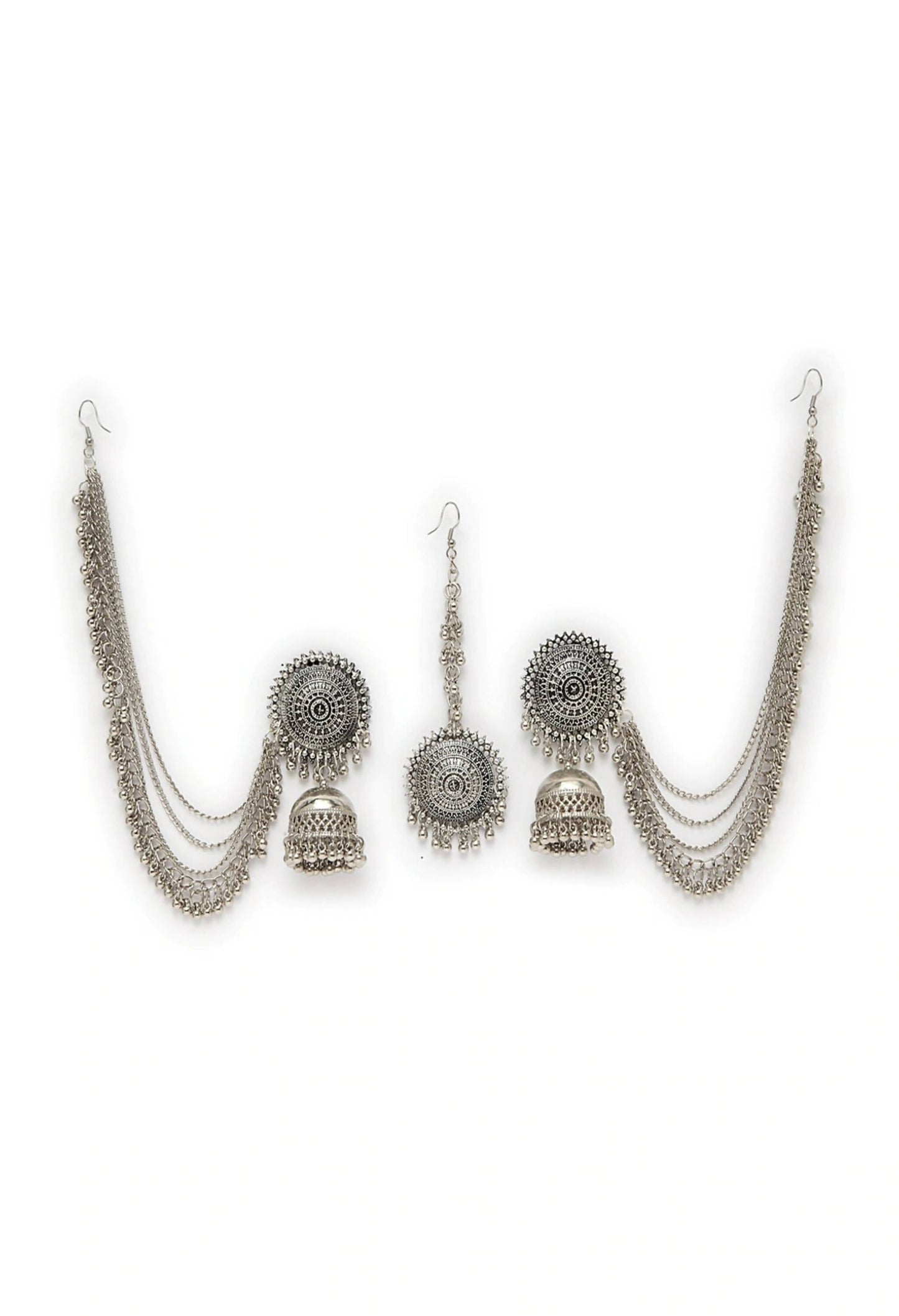 Mominos Fashion Johar Kamal Bahubali Silver Colour Earrings With Tikka