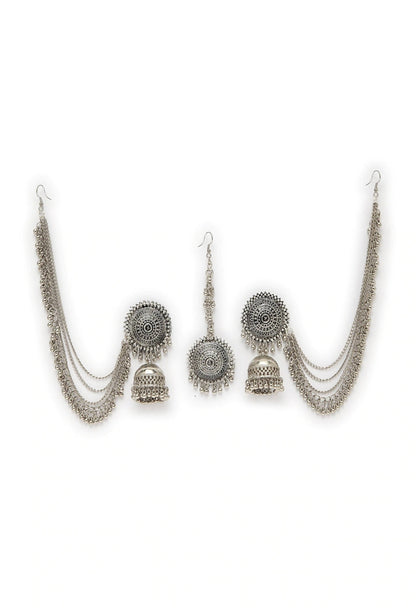 Mominos Fashion Johar Kamal Bahubali Silver Colour Earrings With Tikka