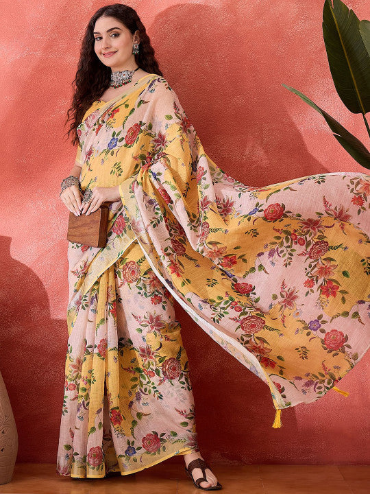 Sangria Floral Printed Banarasi Saree With Blouse Piece