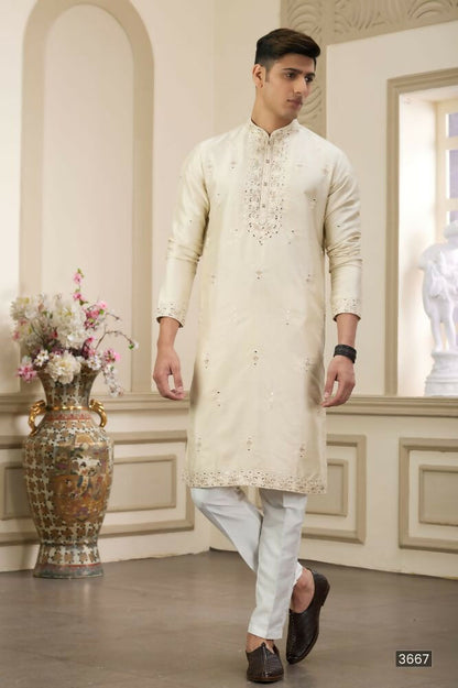 Raivat Ethnic Banarasi Art Silk Thread and Mirror Work Kurta Pajama In Beige Colour