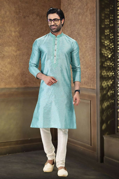 Raivat Ethnic Jacquard Banarasi Silk Thread Work Kurta Pajama In Sky Blue Colour