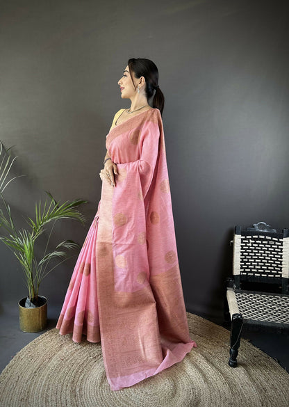 Joban Fashion Pastel Pink Floral & Paisley  Linen Silk Banarasi Saree