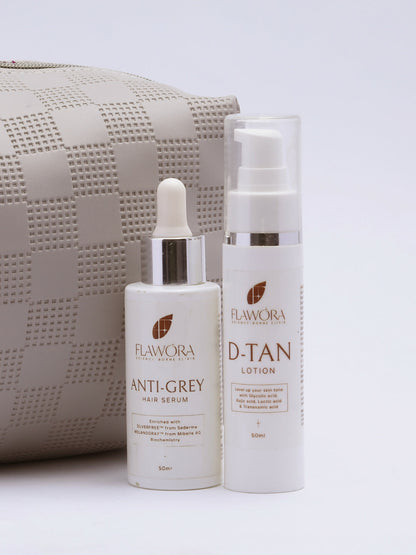 Flawora Set of Anti-Grey Hair Serum and D-Tan Lotion
