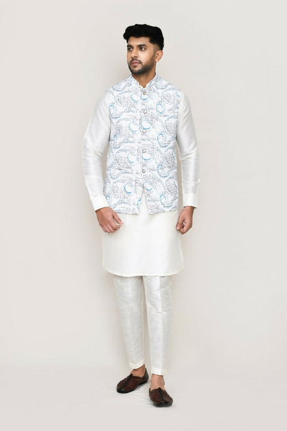 Joban Fashion White Colored Art Silk Fabric Kurta, Jacket With Straight Fit Pant