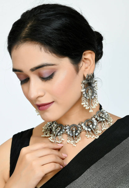 Mominos Fashion Johar Kamal Oxidised Silver-Plated Ganesha Design Necklace Choker Set
