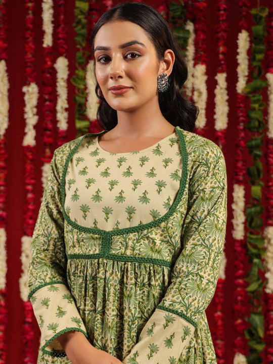Anayna Cream-Coloured & Green Floral Printed Pure Cotton Anarkali Kurta with Trousers
