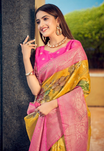 Exclusive Collection Wedding Pink Yellow Collection Banarasi Silk Saree With Rich Pallu