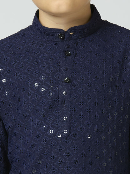 Joban Fashion Kids Island Full Sleeves Cotton Kurta and Pyjama Set with Sequin work - Navy Blue