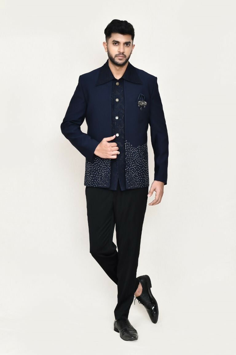 Joban Fashion Blue Colored Terry Rayon Based With Geometry Work Fabric Open Prince Coat, Jacket With Pant