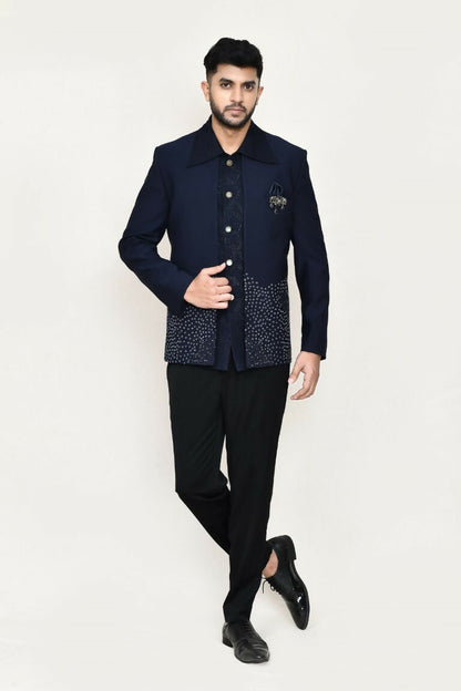 Joban Fashion Blue Colored Terry Rayon Based With Geometry Work Fabric Open Prince Coat, Jacket With Pant