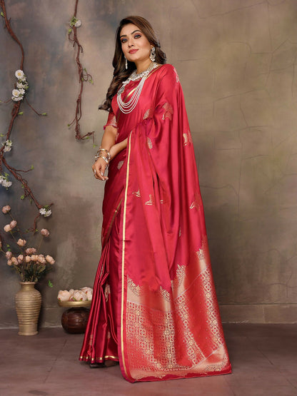 Joban Fashion Red Floral Motifs Banarasi Silk Sarees