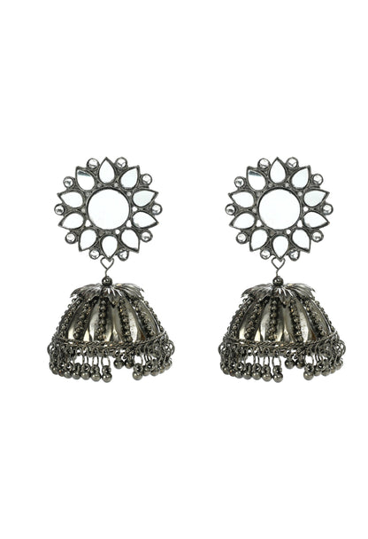 Mominos Fashion Johar Kamal Silver-Plated With Mirror Earrings Jhumkas