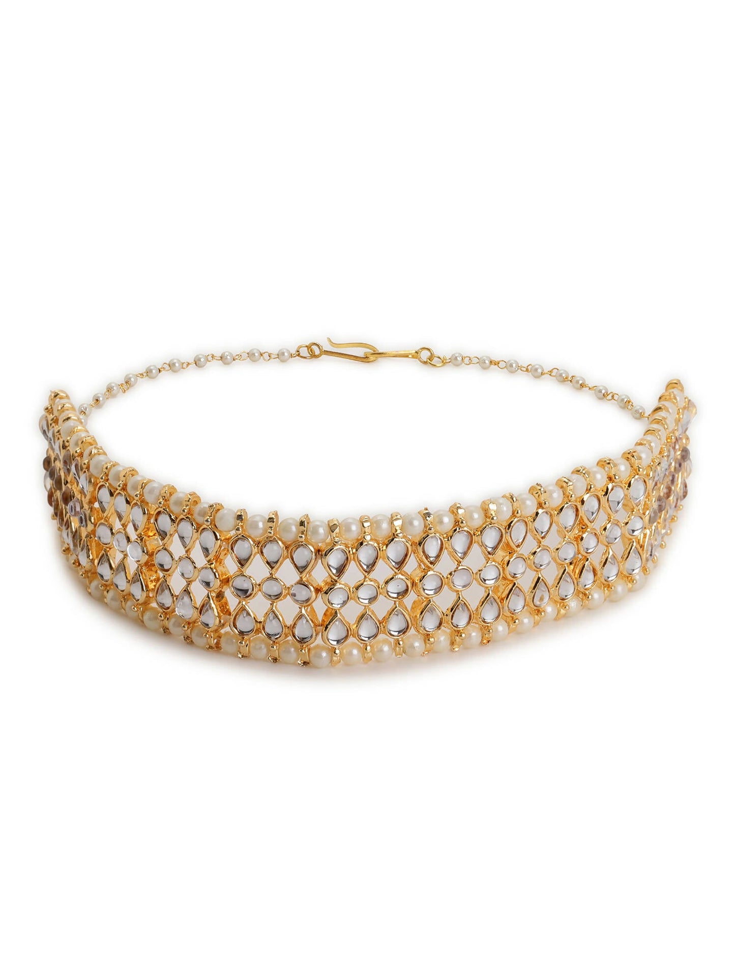 Gold-Polished White Kundan-Studded Pearl Beaded Hair Band - Ruby Raang