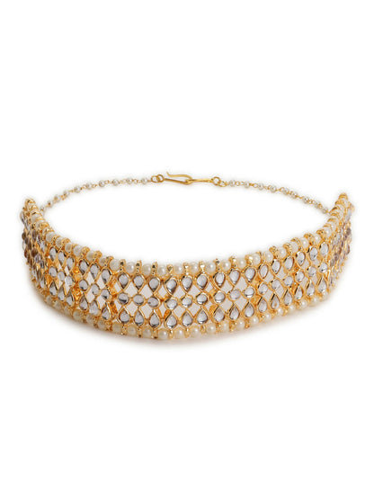Gold-Polished White Kundan-Studded Pearl Beaded Hair Band - Ruby Raang