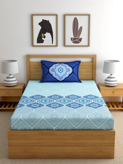 Dreamscape Blue & Turquoise Blue 140 TC Pure Cotton Bedsheet with Pillow Covers