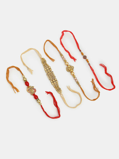 NVR Men Set of 4 Multicolor Stone-Studded Ganesh Rakhi With Roli Chawal & Chocolate