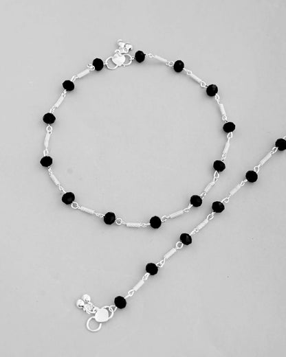VOJ Set of 2 Silver Plated With Black Beads Anklet