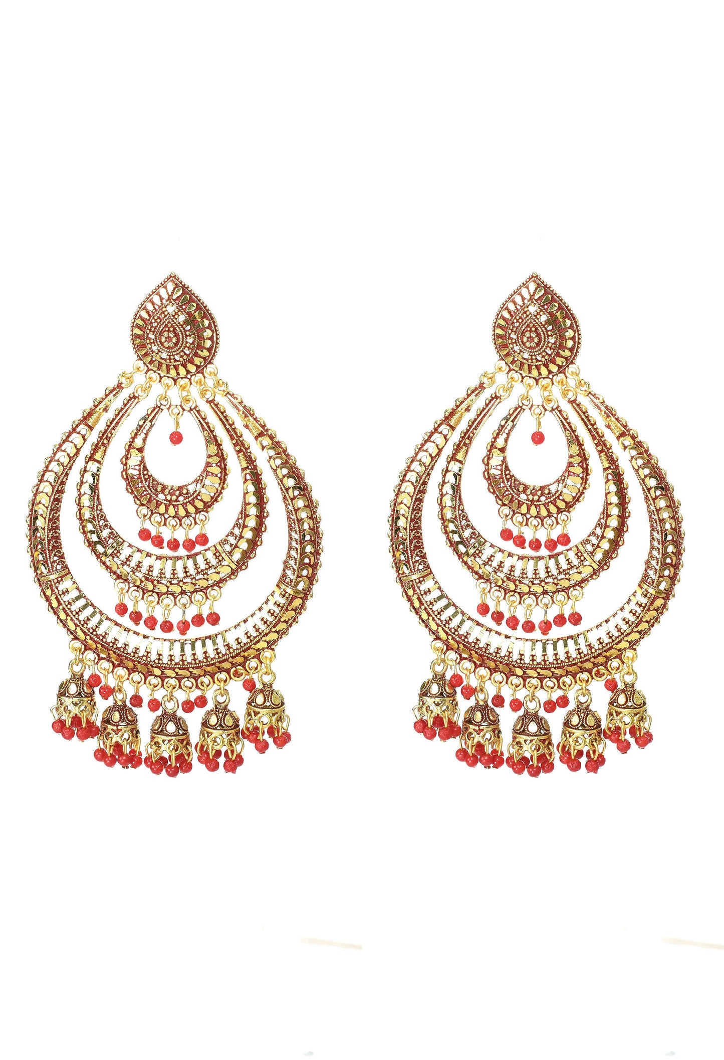 Mominos Fashion Johar Kamal Triple Circle White With Red Big Size Earrings