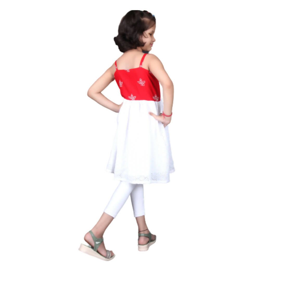 Akarshan Pure Cotton Frock Style Kurti with Leggings Set - Red & White