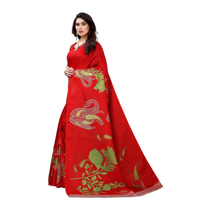 Vamika Printed Jute Silk Red Saree (Leo Red)