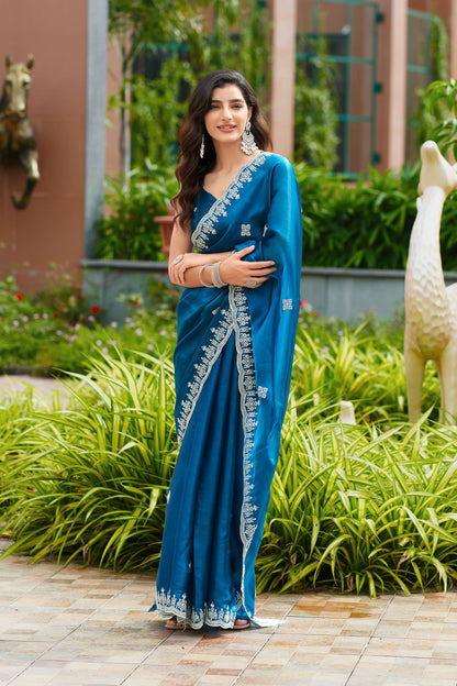 Vastranavya Firozi Embroidery Work Shimmer Chiffon Saree with Unstitched Blouse