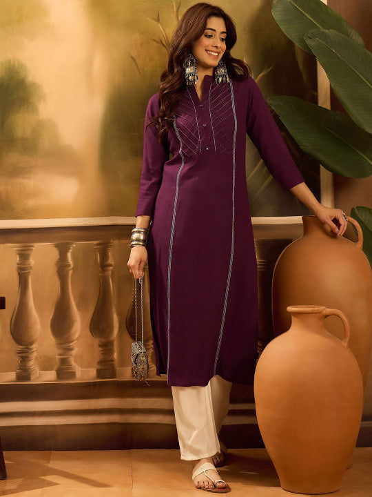 Sangria Pleated Mandarin Collar Straight Kurta