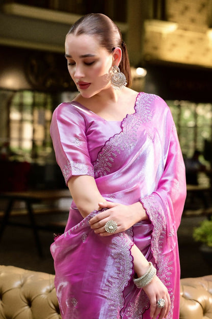 Vastranavya Baby Pink Embroidery Work Shimmer Chiffon Saree with Unstitched Blouse