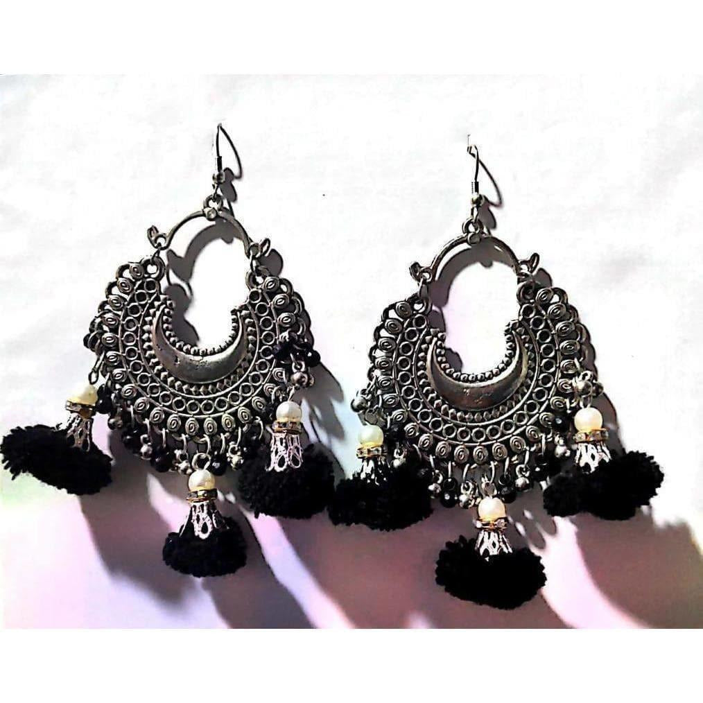 MS Fashion India Black Woolen Threaded with Chandbali Earrings