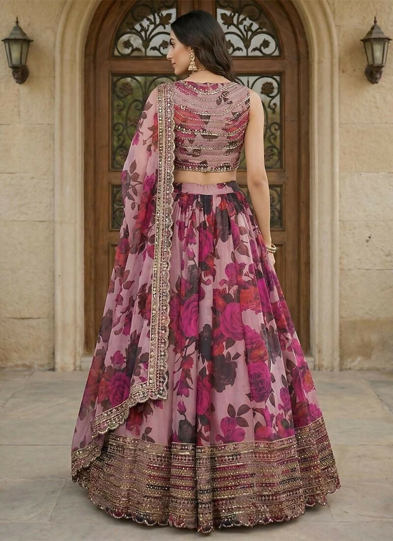 Lehenga Mart Pink Multi Printed Color Organza Designer Bollywood Style Wedding Wear Lehenga Choli