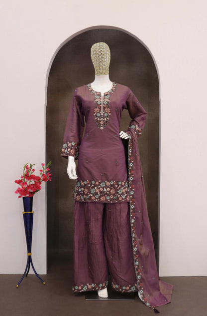 Anaita Wine Simar with Embroidery Multi & Zarkhan Work Readymade Palazzo suit